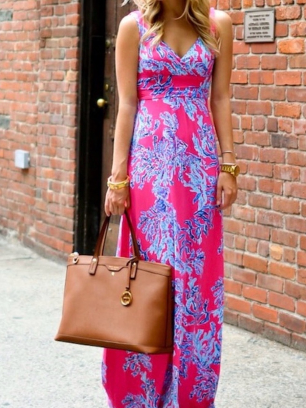 Lilly Pulitzer Pink Maxi Dress with Blue Floral Print